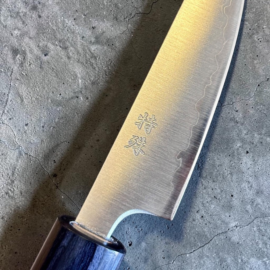 Close-up of Tokushu Aogami Super Migaki Petty 80mm kanji and cladding line