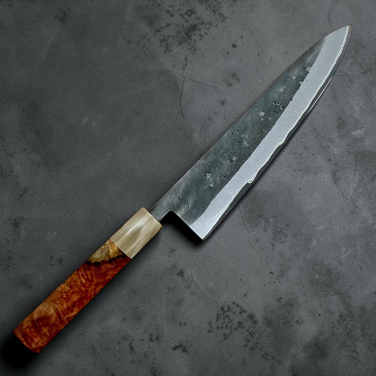 Tokushu Knife Stainless Clad Blue No. 2 Nashiji Gyuto 210mm with Amboyna and buffalo horn wa handle, full profile #handle_amboyna & buffalo horn