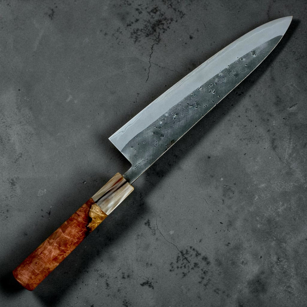 Tokushu Knife Stainless Clad Blue No. 2 Nashiji Gyuto 210mm with Amboyna and buffalo horn wa handle, reverse profile #handle_amboyna & buffalo horn
