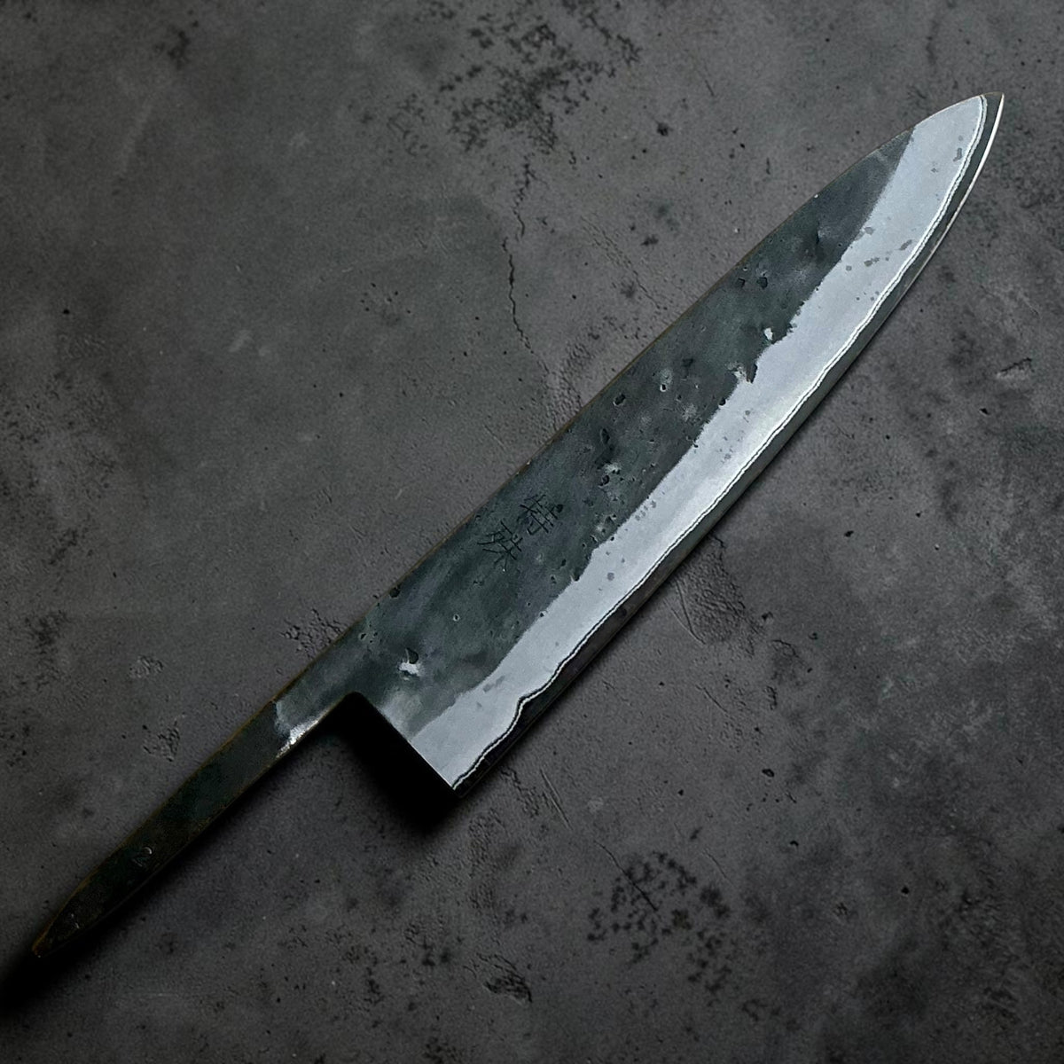 Tokushu Knife Stainless Clad Blue No. 2 Nashiji Gyuto 210mm with no handle, front side with tang #handle_blade only