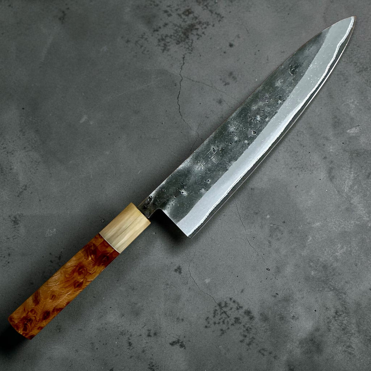 Tokushu Knife Stainless Clad Blue No. 2 Nashiji Gyuto 210mm with cypress and buffalo horn wa handle, full profile #handle_cypress & buffalo horn