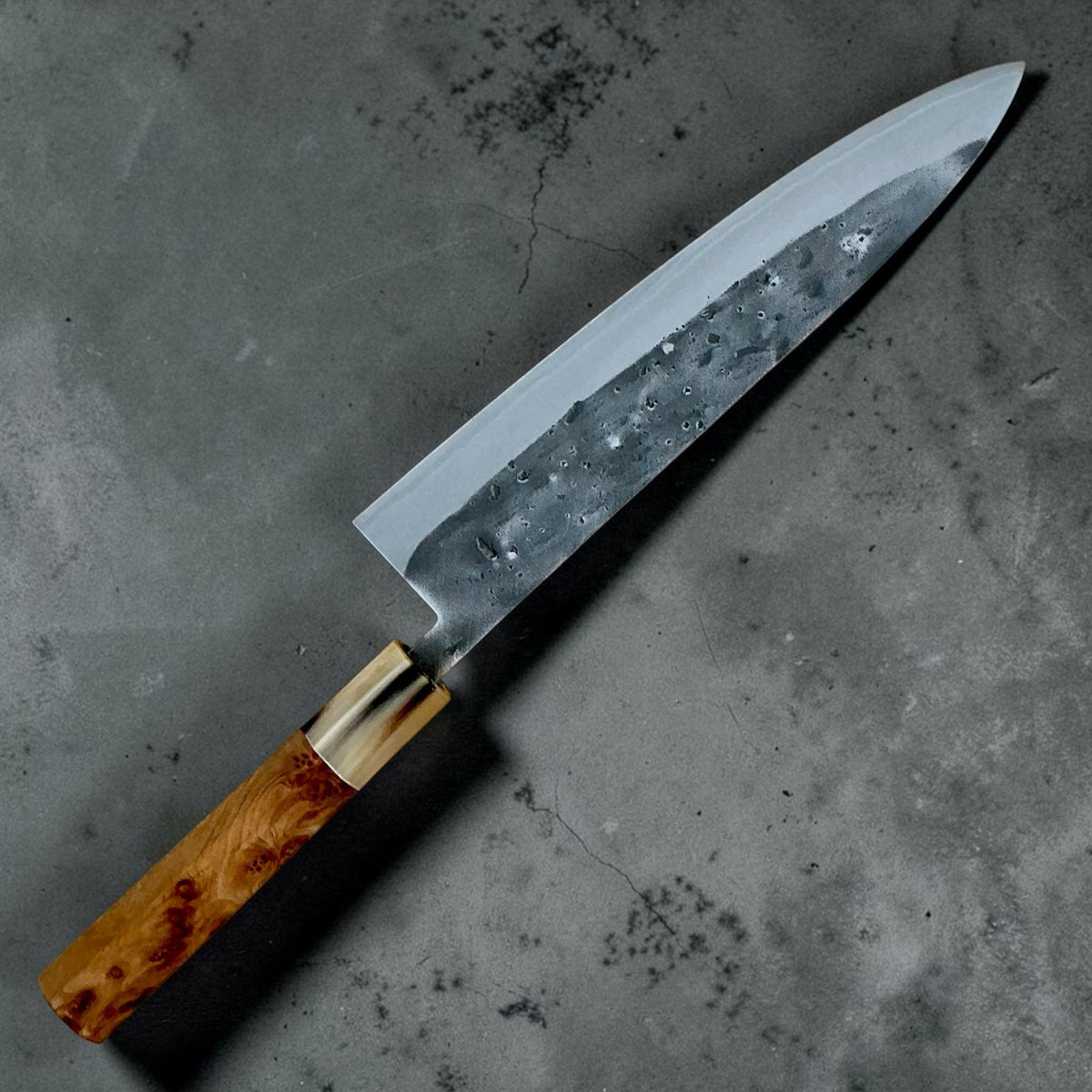 Tokushu Knife Stainless Clad Blue No. 2 Nashiji Gyuto 210mm with cypress and buffalo horn wa handle, reverse profile #handle_cypress & buffalo horn