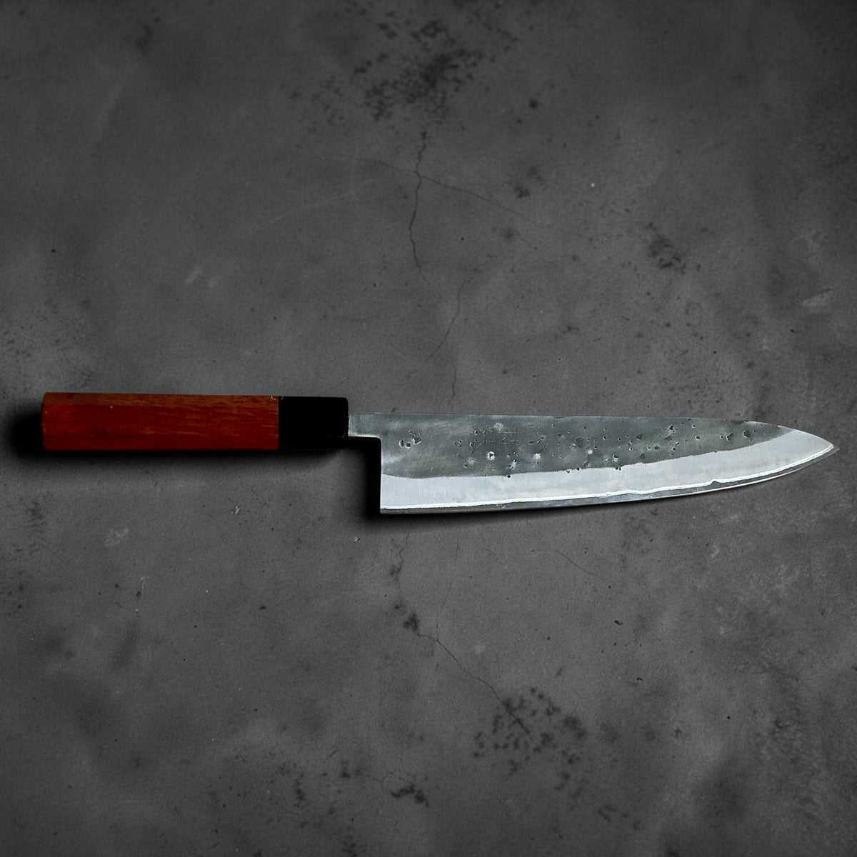 Tokushu Knife Stainless Clad Blue No. 2 Nashiji Gyuto 210mm with rosewood and ebony wa handle, full side profile #handle_rosewood & ebony