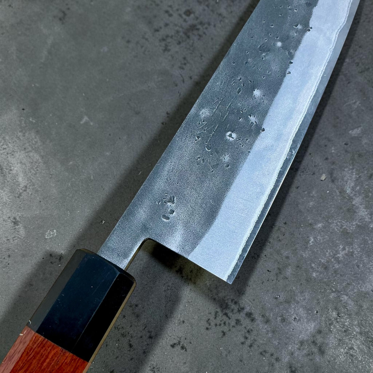 Tokushu Knife Stainless Clad Blue No. 2 Nashiji Gyuto 210mm with rosewood and ebony wa handle, blade and ebony ferrule detail #handle_rosewood & ebony