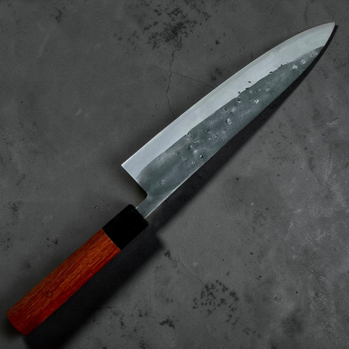 Tokushu Knife Stainless Clad Blue No. 2 Nashiji Gyuto 210mm with rosewood and ebony wa handle, angled reverse profile #handle_rosewood & ebony