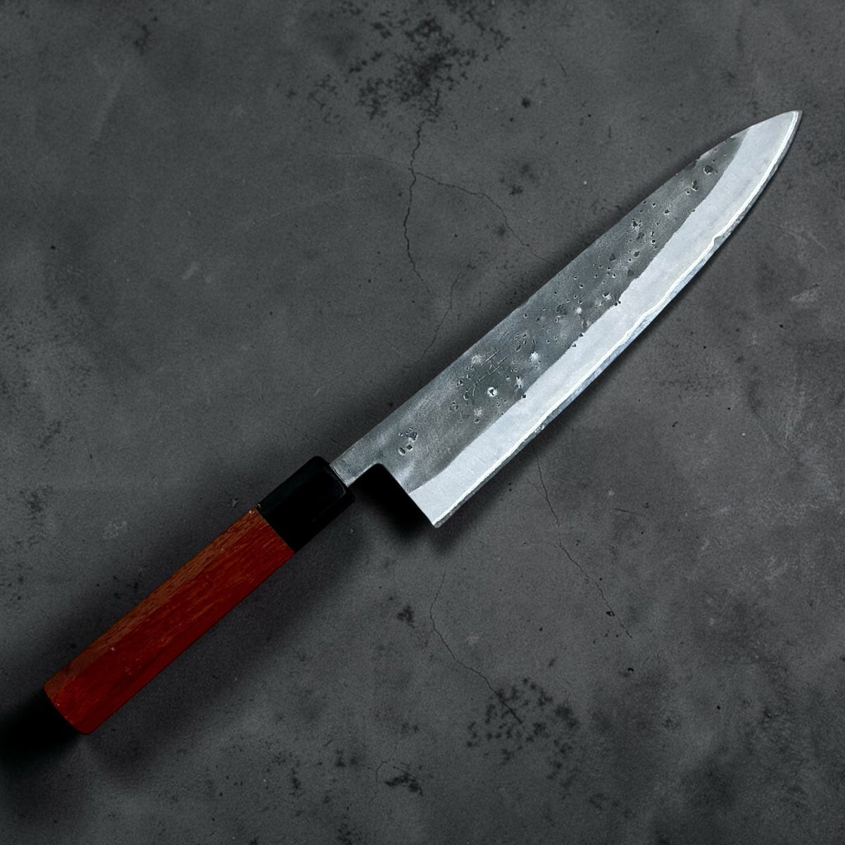 Tokushu Knife Stainless Clad Blue No. 2 Nashiji Gyuto 210mm with rosewood and ebony wa handle, angled full profile #handle_rosewood & ebony