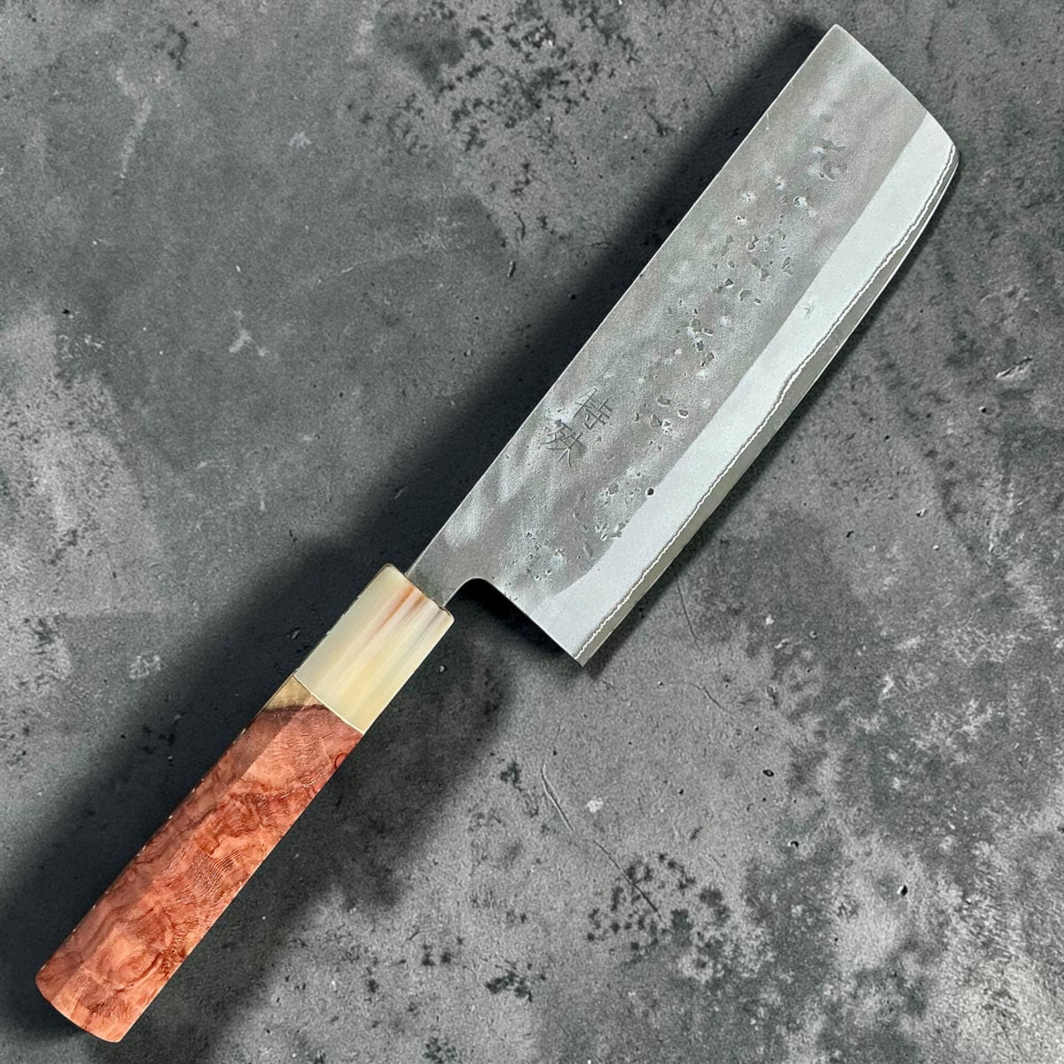 Tokushu Knife stainless clad Blue No. 2 Nashiji Nakiri 165mm — Amboyna and buffalo horn knife 1, front view #handle_amboyna & buffalo horn no. 1
