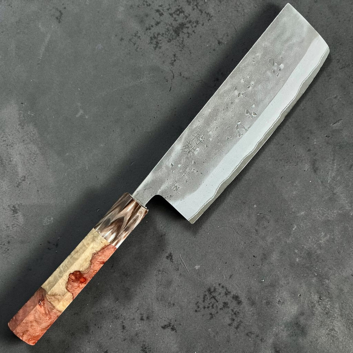 Tokushu Knife stainless clad Blue No. 2 Nashiji Nakiri 165mm — Amboyna and buffalo horn knife 2, front view #handle_amboyna & buffalo horn no. 2