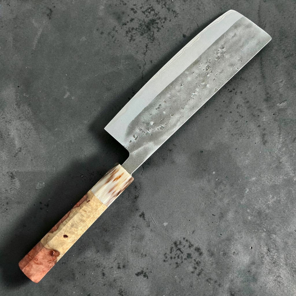 Tokushu Knife stainless clad Blue No. 2 Nashiji Nakiri 165mm — Amboyna and buffalo horn knife 2, reverse view #handle_amboyna & buffalo horn no. 2