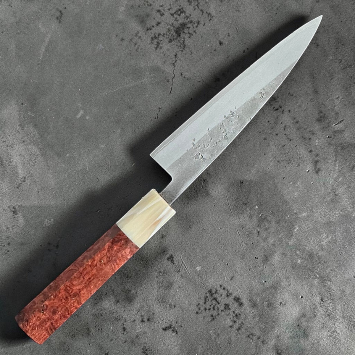 Tokushu Knife stainless clad Blue No. 2 Nashiji petty 135 mm with rosewood and buffalo horn handle A, reverse view #handle_rosewood & buffalo horn a