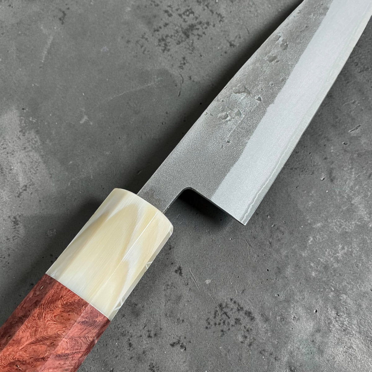 Tokushu Knife stainless clad Blue No. 2 Nashiji petty 135 mm with rosewood and buffalo horn handle A, blade and ferrule detail #handle_rosewood & buffalo horn a