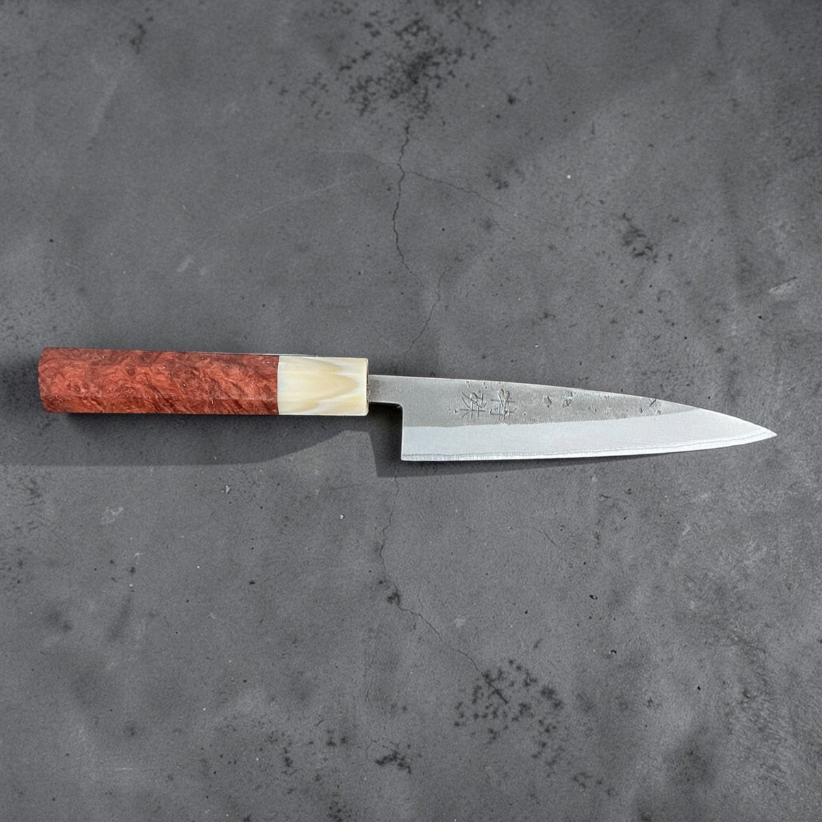 Tokushu Knife stainless clad Blue No. 2 Nashiji petty 135 mm with rosewood and buffalo horn handle A, full side view #handle_rosewood & buffalo horn a