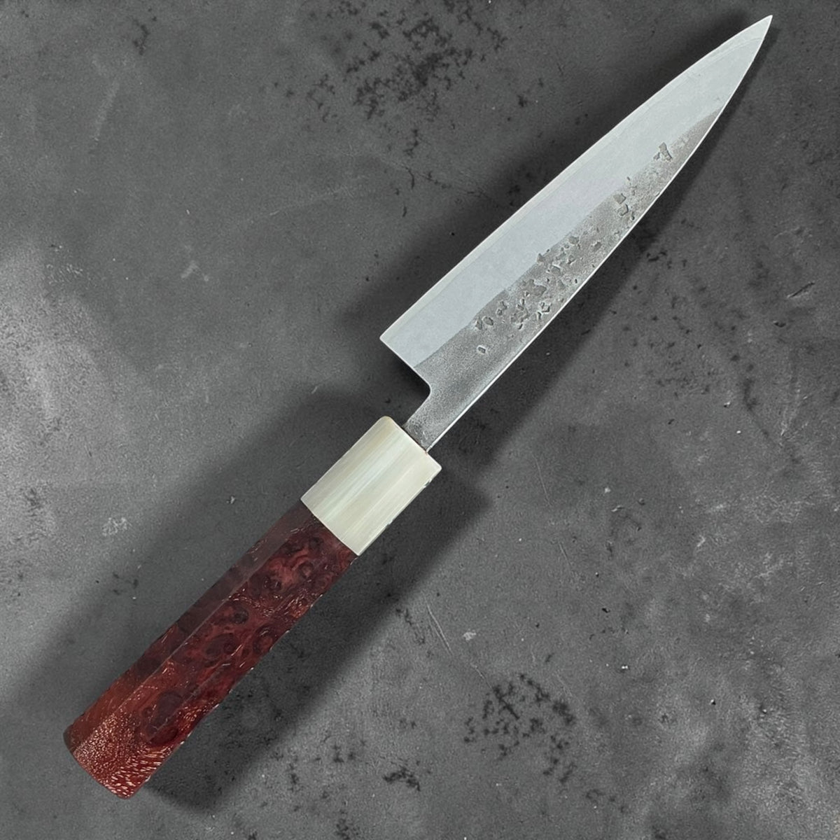 Tokushu Knife stainless clad Blue No. 2 Nashiji petty 135 mm with rosewood and buffalo horn handle B, reverse view #handle_rosewood & buffalo horn b