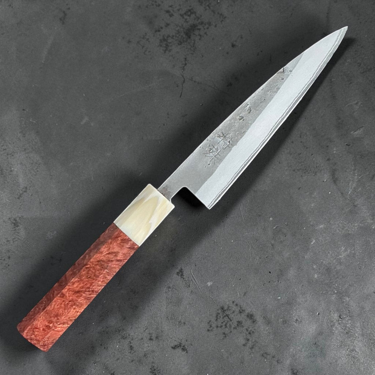 Tokushu Knife stainless clad Blue No. 2 Nashiji petty 135 mm with rosewood and buffalo horn handle A, main view #handle_rosewood & buffalo horn a