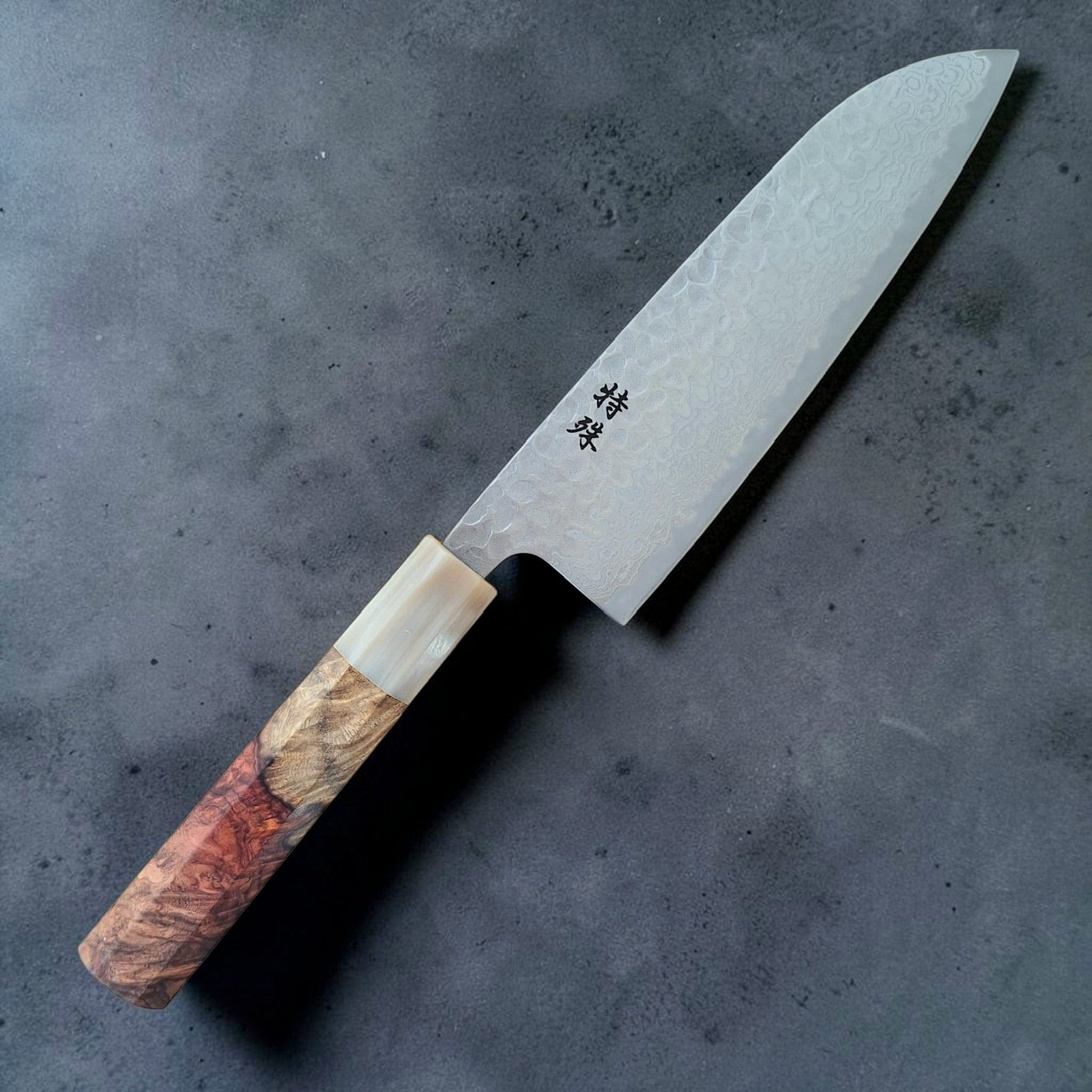 Tokushu Knife Ginsan #3 tsuchime Damascus santoku 165mm with amboyna burl handle, Variant 1 front view