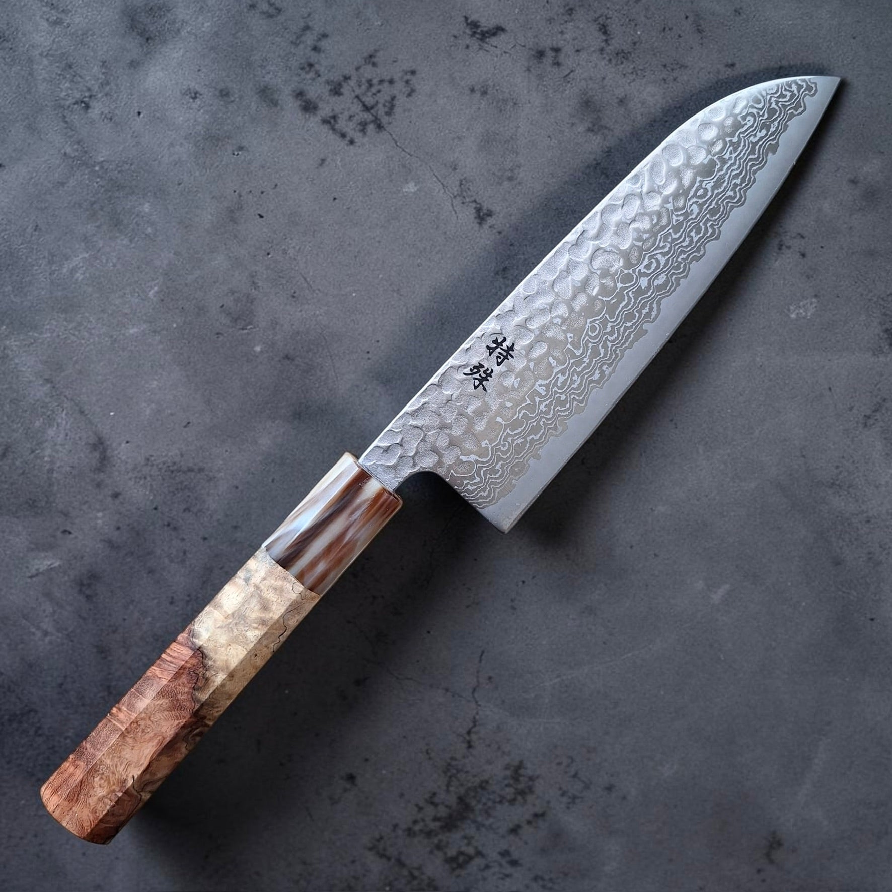 Exact amboyna burl handle reference for Tokushu Ginsan #3 santoku, Handle 3 front view