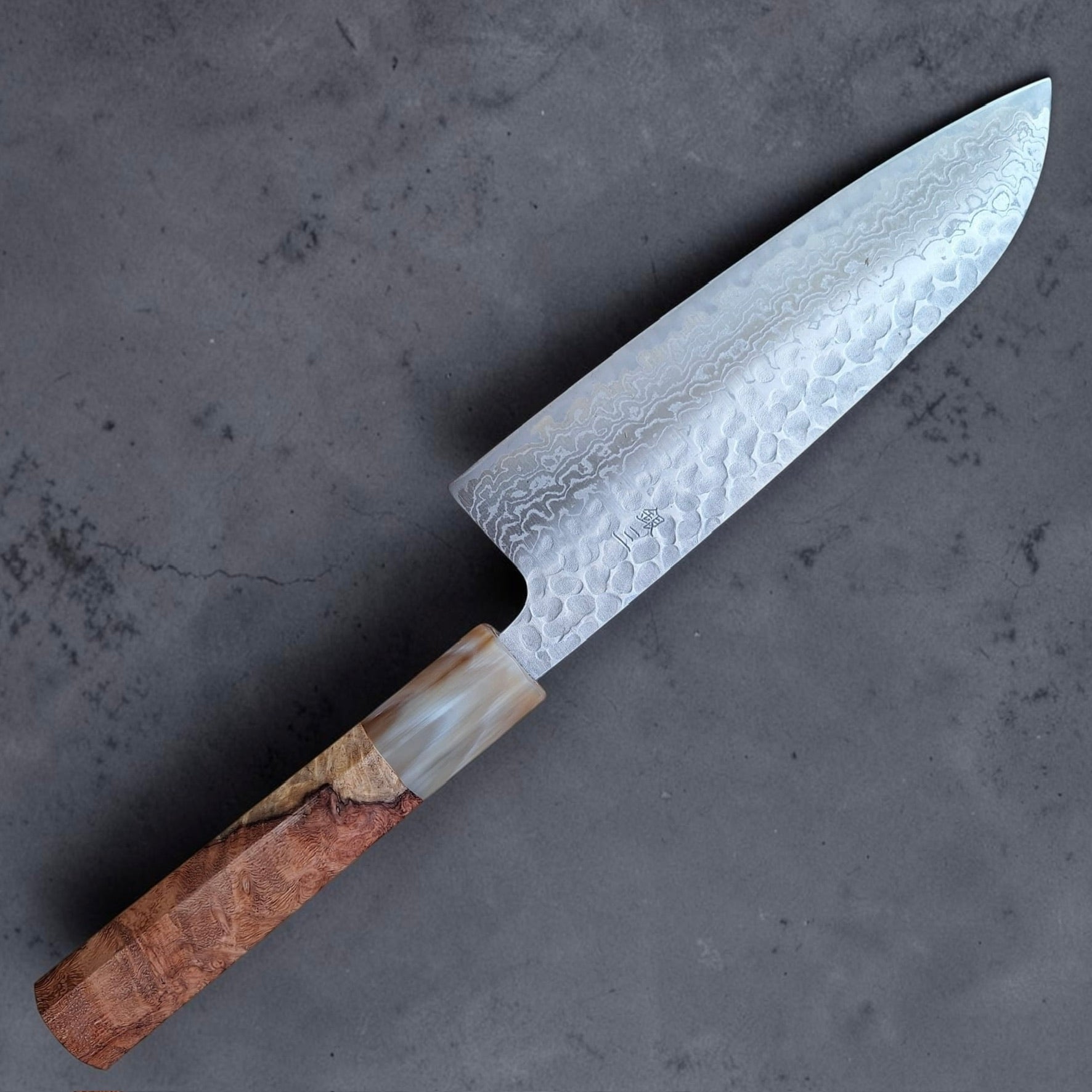 Exact amboyna burl handle reference for Tokushu Ginsan #3 santoku, Handle 3 reverse view