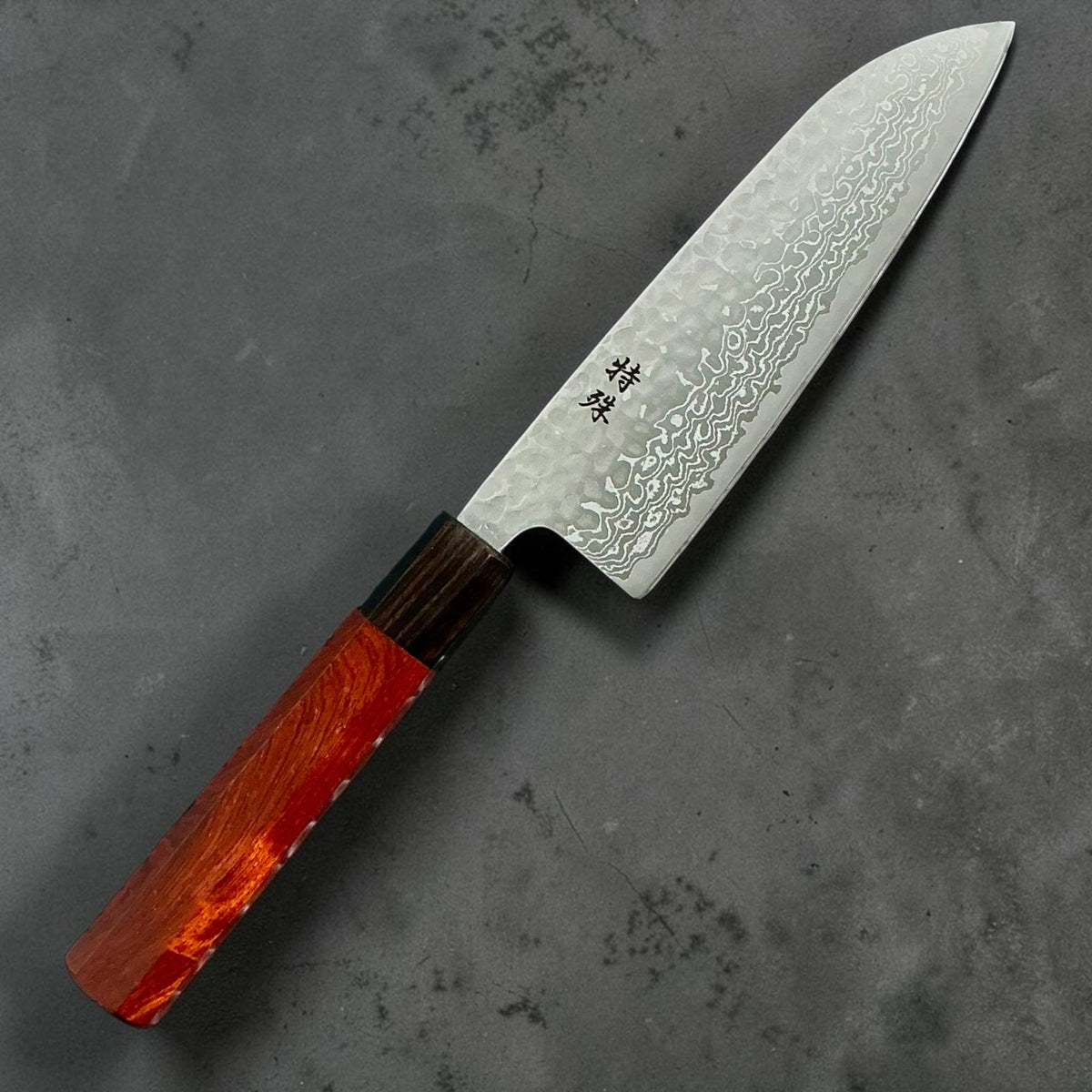 Tokushu Knife Ginsan No. 3 Tsuchime Damascus Santoku 165mm, Rosewood and Ebony, front view #exact handle_rosewood and ebony