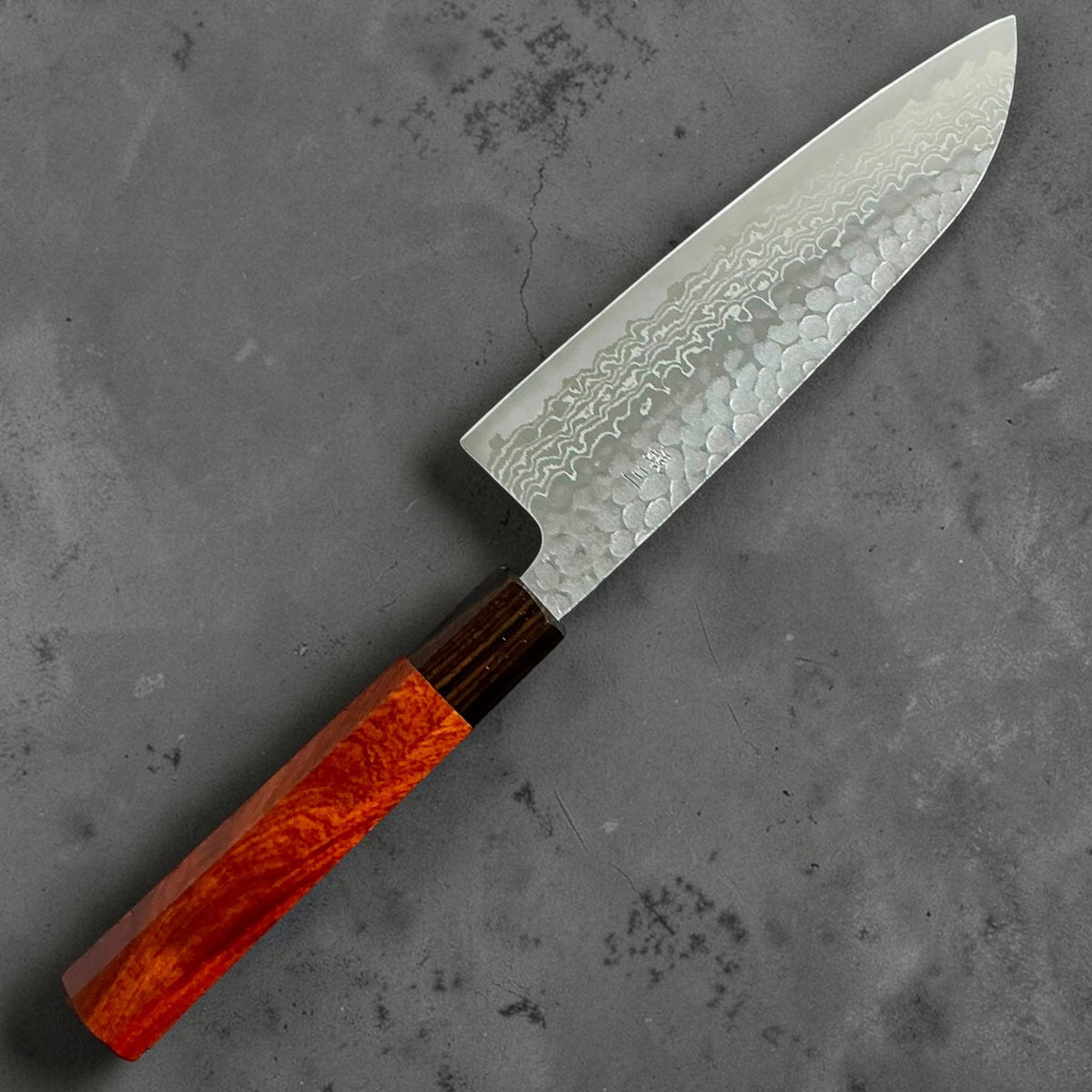 Tokushu Knife Ginsan No. 3 Tsuchime Damascus Santoku 165mm, Rosewood and Ebony, reverse view #exact handle_rosewood and ebony