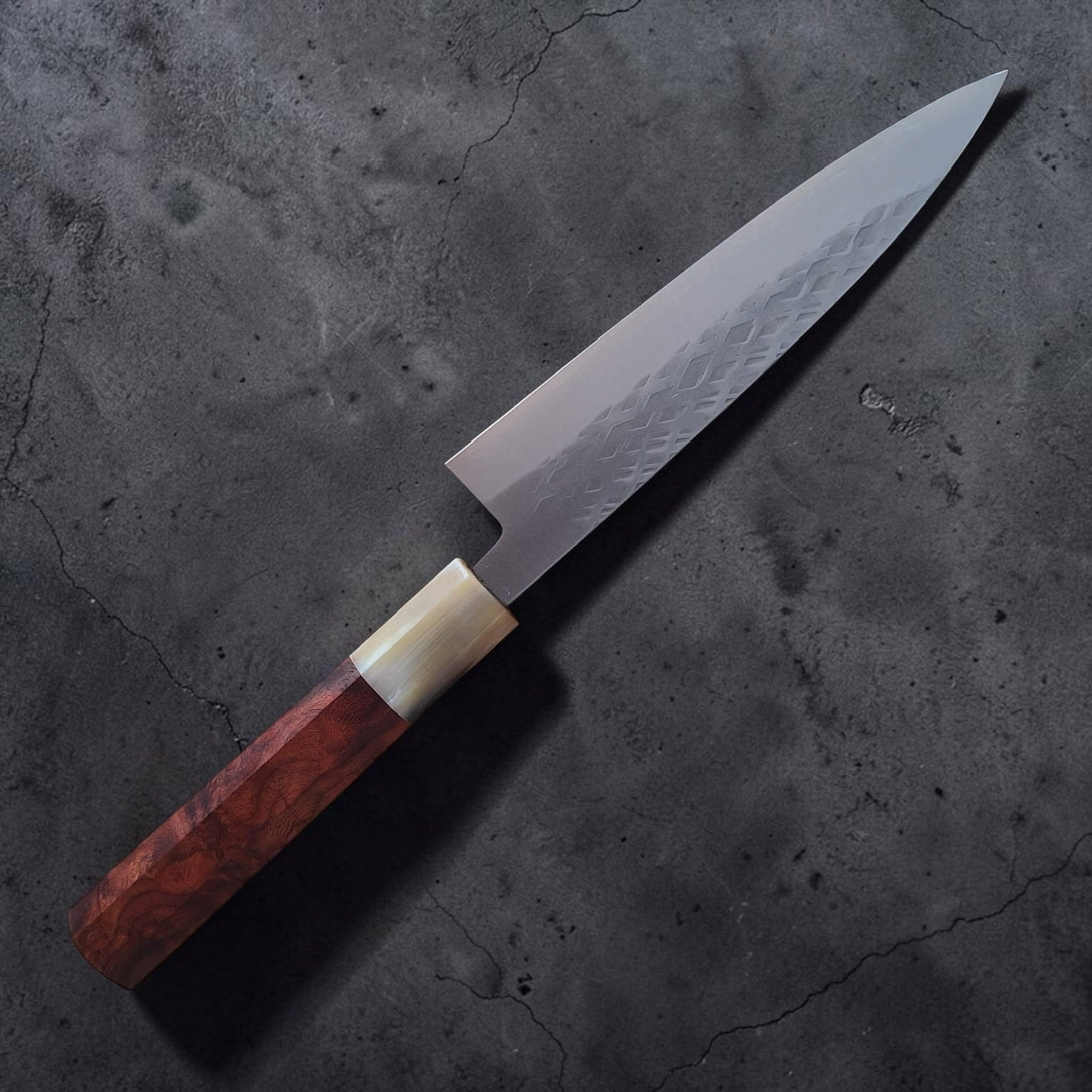 Tokushu Knife Hammertone SLD Hiraki Petty 165mm showing the diamond hammered blade and custom wa handle