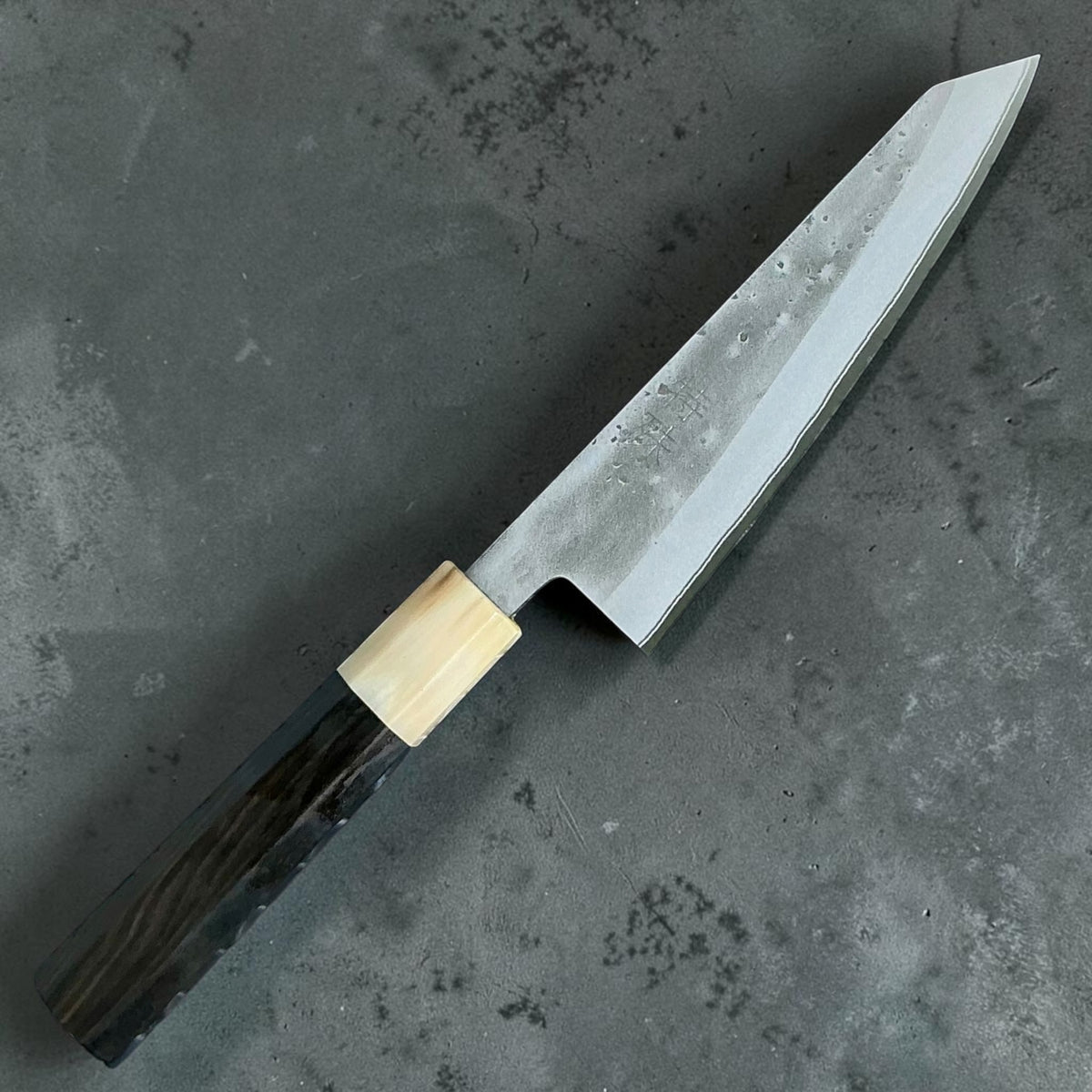 Tokushu Knife Honesuki 150mm Nashiji Blue No. 2, ebony & horn, front view #handle_ebony & horn