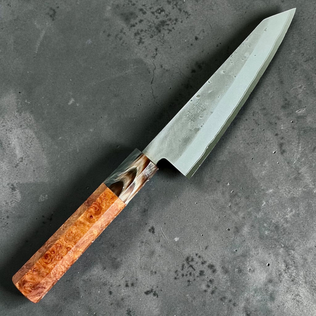 Tokushu Knife Honesuki 150mm Nashiji Blue No. 2, rosewood & horn, front view #handle_rosewood & horn