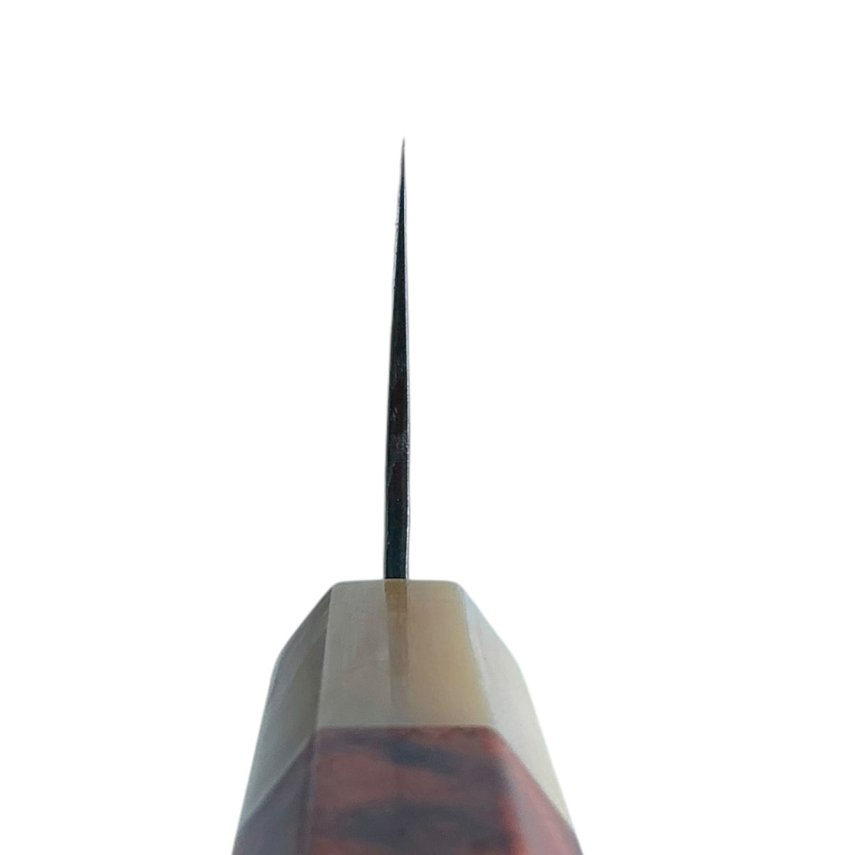Tokushu Knife Tsuchime Gyuto 240mm, palissander & hoorn, aanzicht van de lemmetrug #handle_rosewood & horn