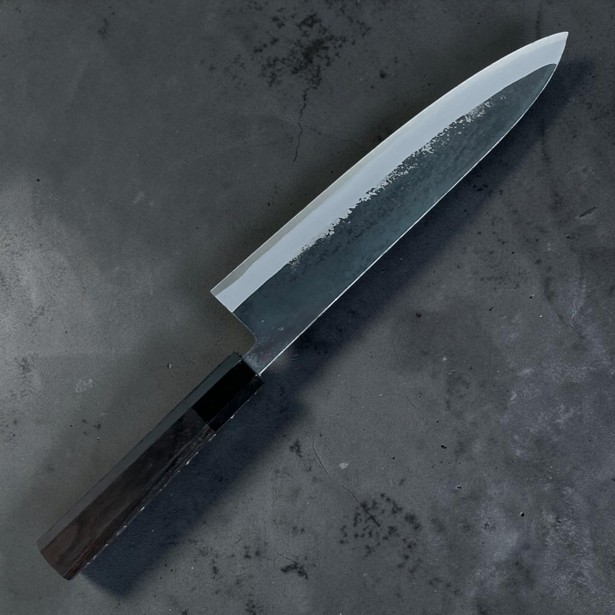 Tokushu Knife White No. 2 iron clad forged finish Gyuto 240 mm, ebony & horn, angled reverse view #handle_ebony & horn