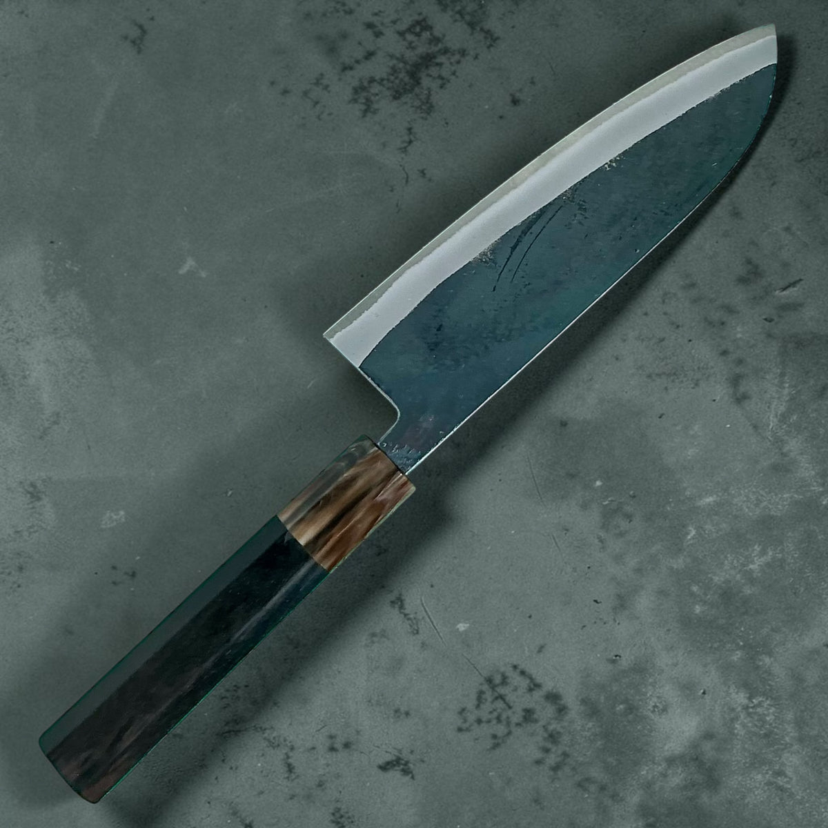 Tokushu Knife White No. 2 iron clad forged finish Santoku 165 mm, ebony & horn, reverse full knife #handle_ebony & horn