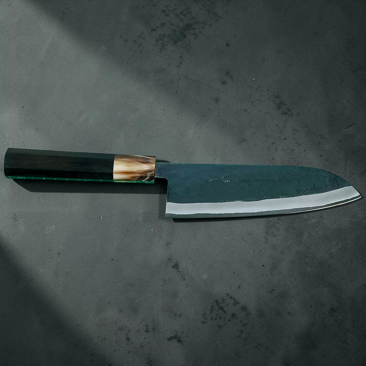 Tokushu Knife White No. 2 iron clad forged finish Santoku 165 mm, ebony & horn, side profile #handle_ebony & horn