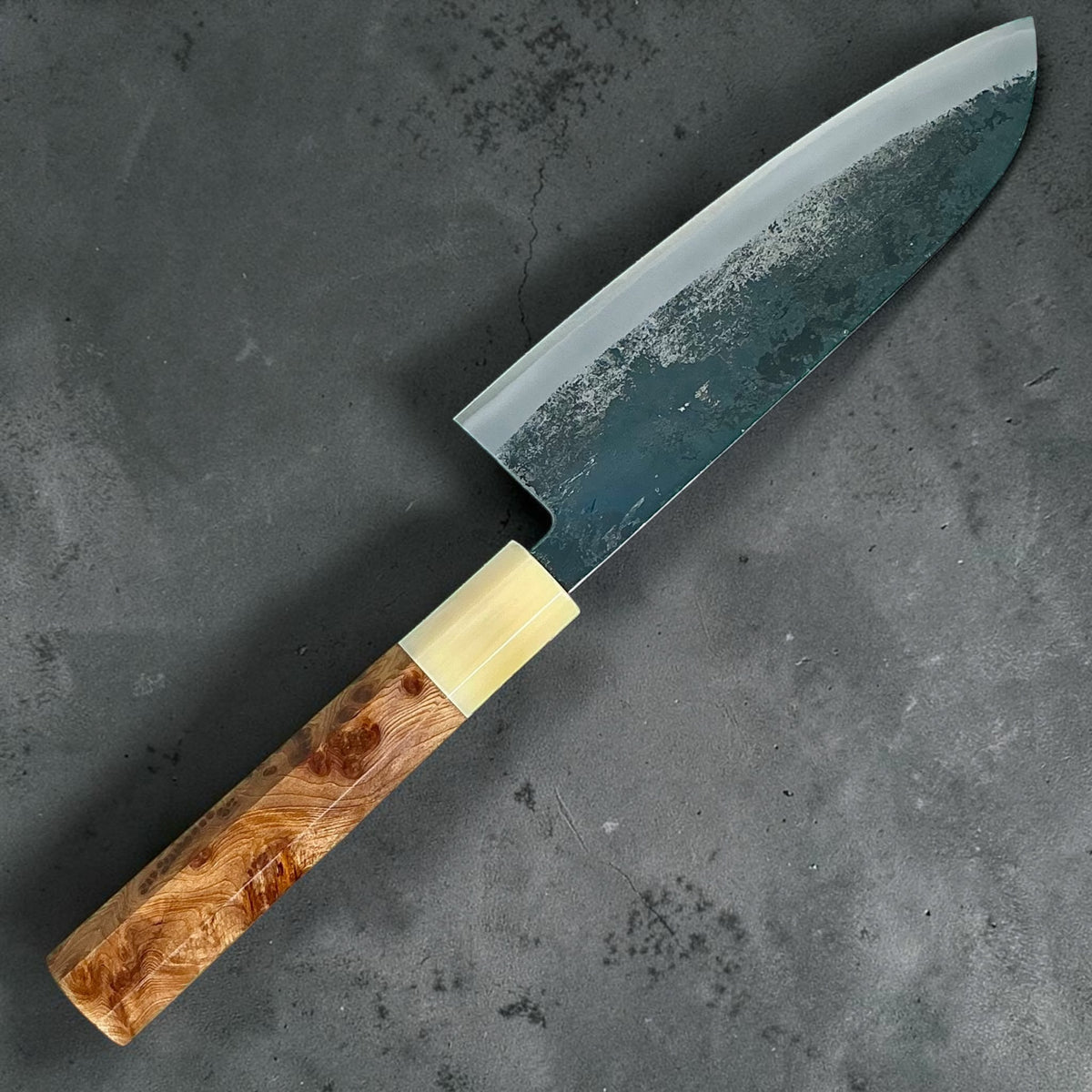 Tokushu Knife White No. 2 iron clad forged finish Santoku 165 mm, cypress & horn, reverse full knife #handle_cypress & horn