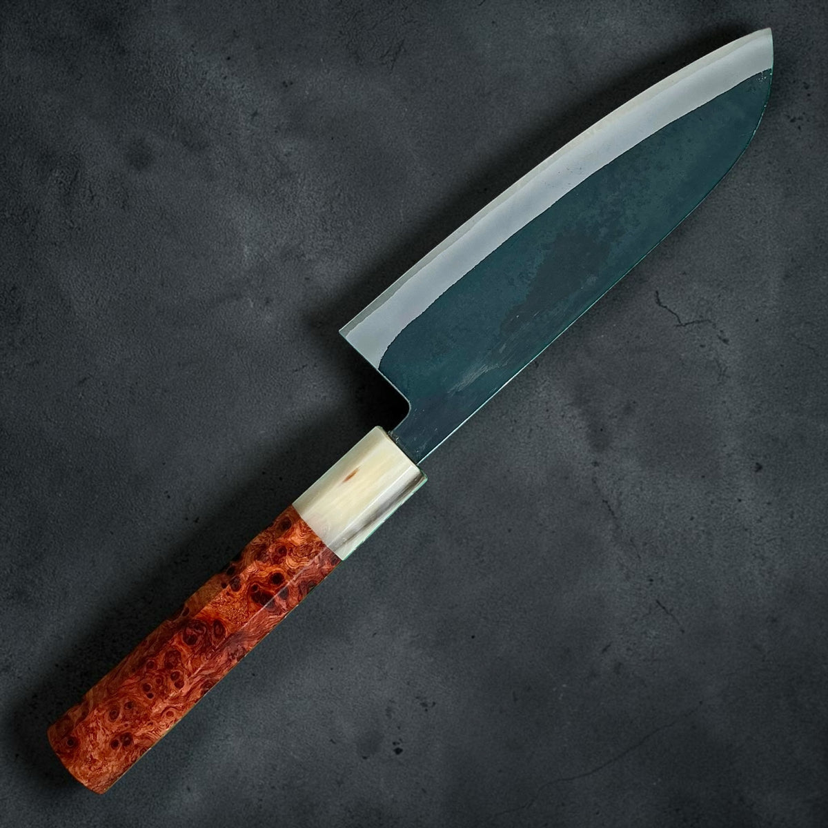 Tokushu Knife White No. 2 iron clad forged finish Santoku 165 mm, rosewood & horn, reverse full knife #handle_rosewood & horn