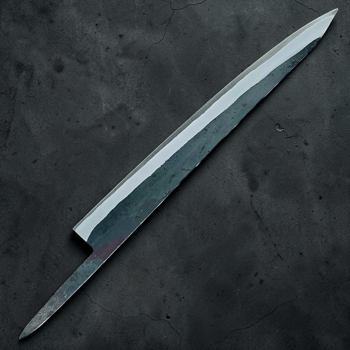 Tokushu Knife White No. 2 iron clad forged finish sujihiki 270mm, blade only, unhandled blade reverse view with tang #handle_blade only