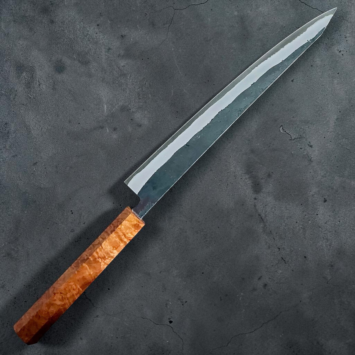 Tokushu Knife White No. 2 iron clad forged finish sujihiki 270mm, full amboyna, full knife reverse view #handle_full amboyna