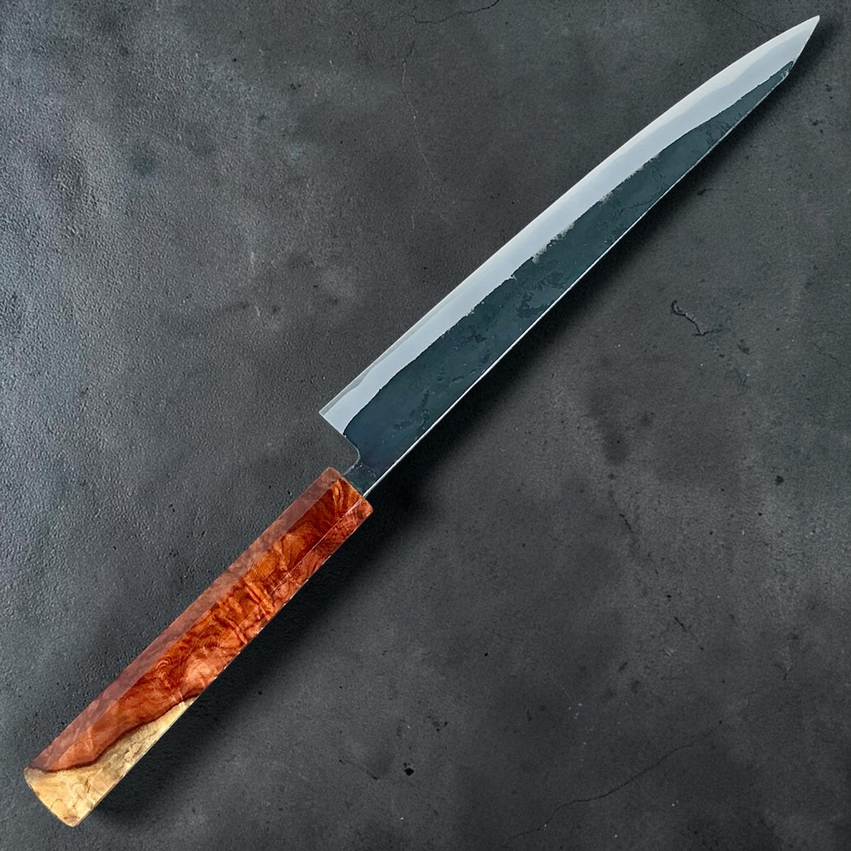 Tokushu Knife White No. 2 iron clad forged finish sujihiki 270mm, full amboyna with contrast, full knife reverse view #handle_full amboyna with contrast