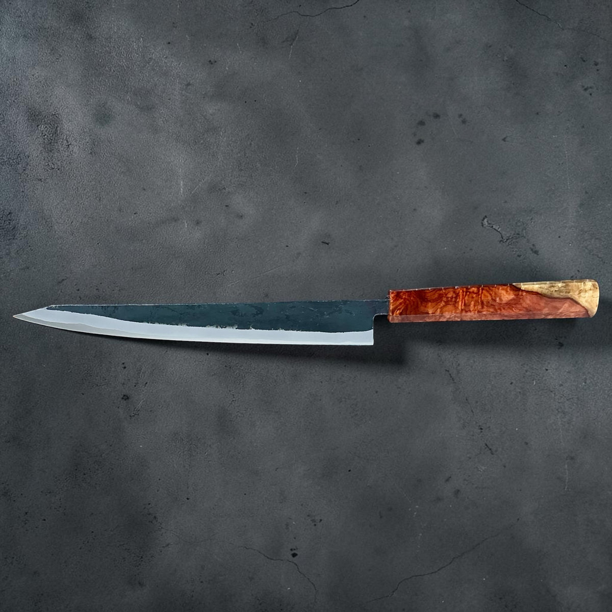 Tokushu Knife White No. 2 iron clad forged finish sujihiki 270mm, full amboyna with contrast, full knife side view #handle_full amboyna with contrast