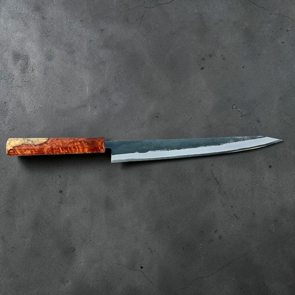 Tokushu Knife White No. 2 iron clad forged finish sujihiki 270mm, full amboyna with contrast, full knife opposite side #handle_full amboyna with contrast