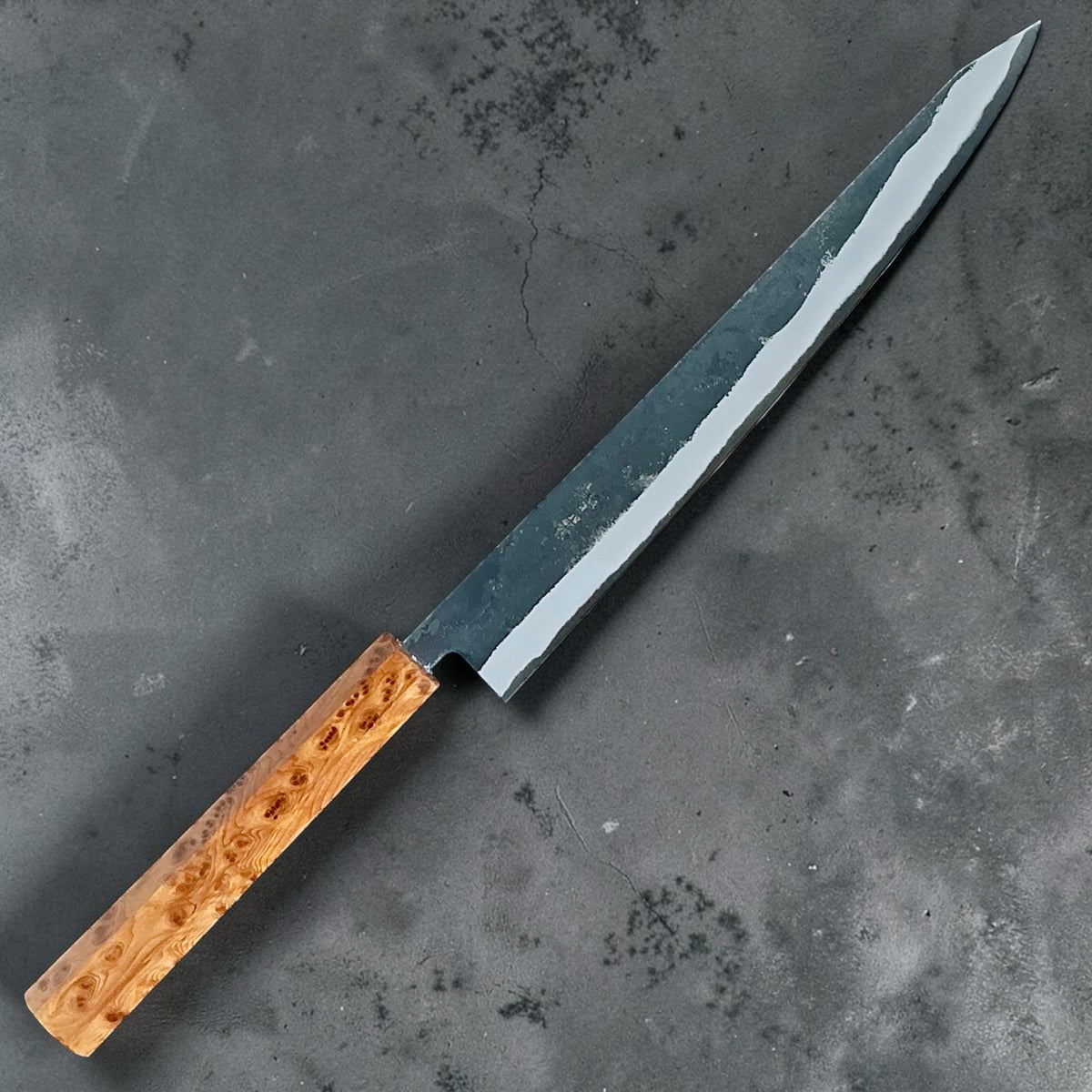Tokushu Knife White No. 2 iron clad forged finish sujihiki 270mm, full cypress, full knife front view #handle_full cypress