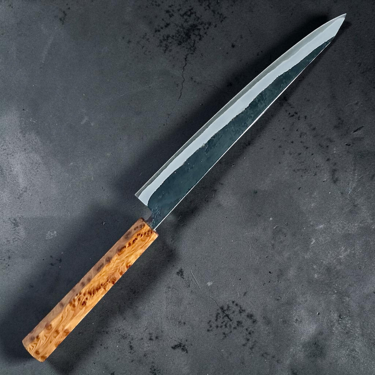 Tokushu Knife White No. 2 iron clad forged finish sujihiki 270mm, full cypress, full knife reverse view #handle_full cypress