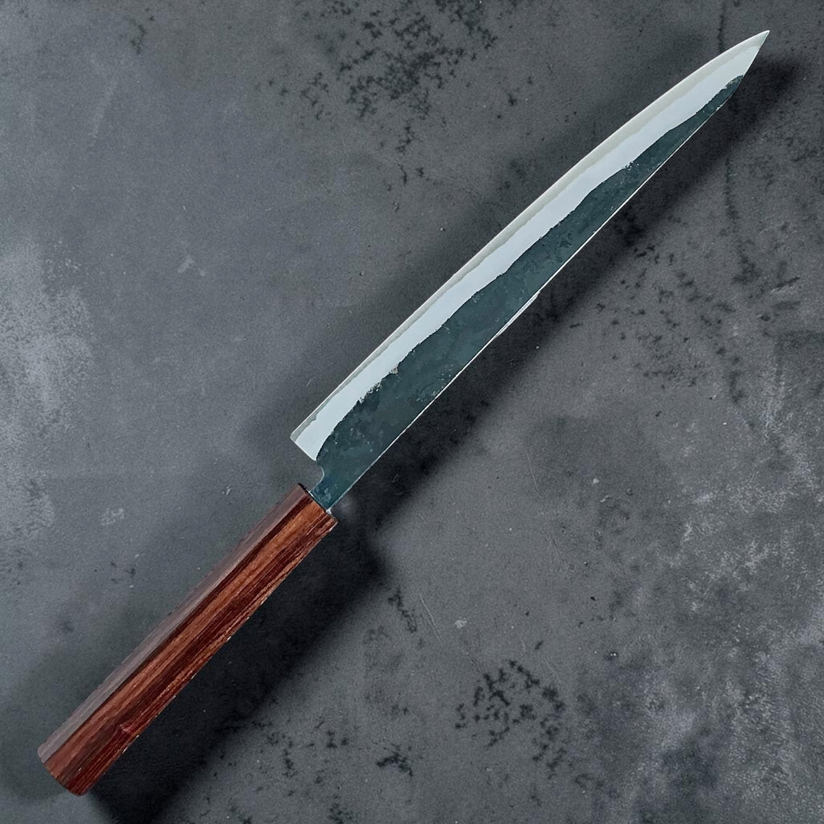 Tokushu Knife White No. 2 iron clad forged finish sujihiki 270mm, full ebony, full knife reverse view #handle_full ebony