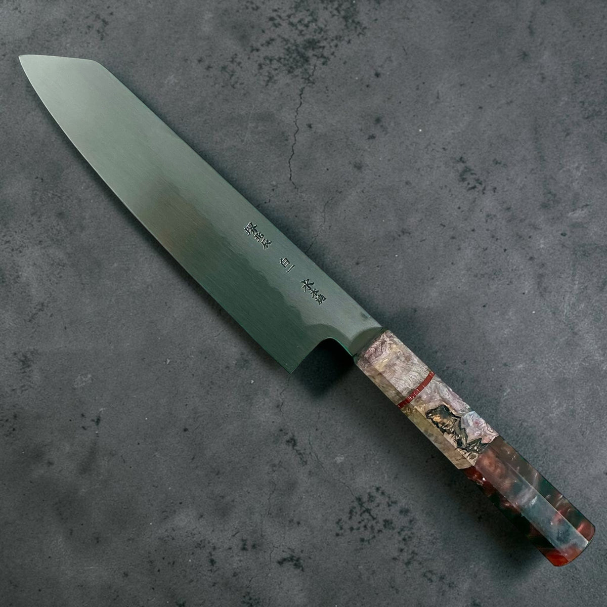 Yoshikazu Ikeda White No. 1 Mizu Honyaki Kiritsuke 220mm, angled engraved-side view #handle_prisma handle