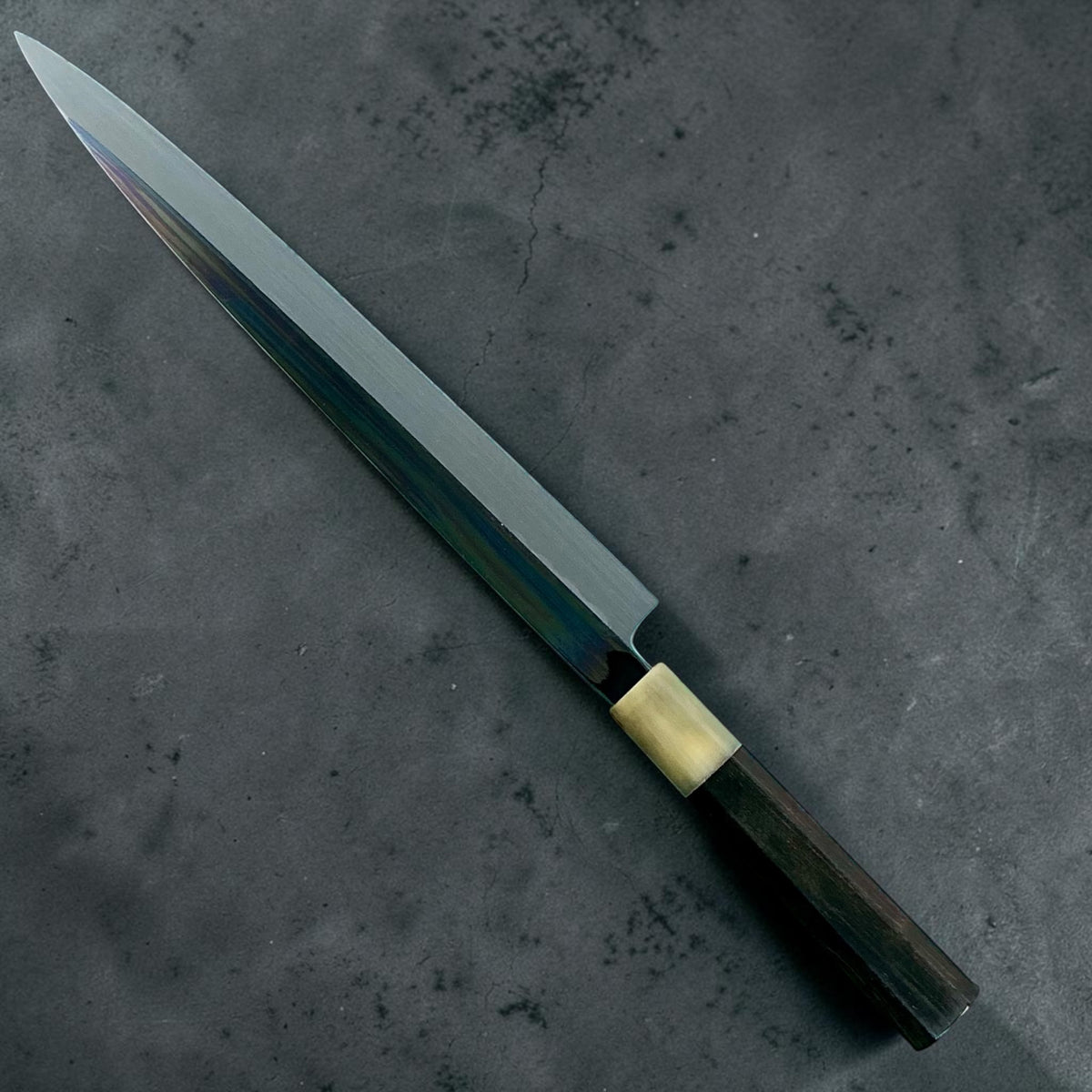 Yoshikazu Ikeda White No. 1 Mizu Honyaki Yanagiba 310mm, full reverse-side view with ebony and horn handle #handle_ebony & horn