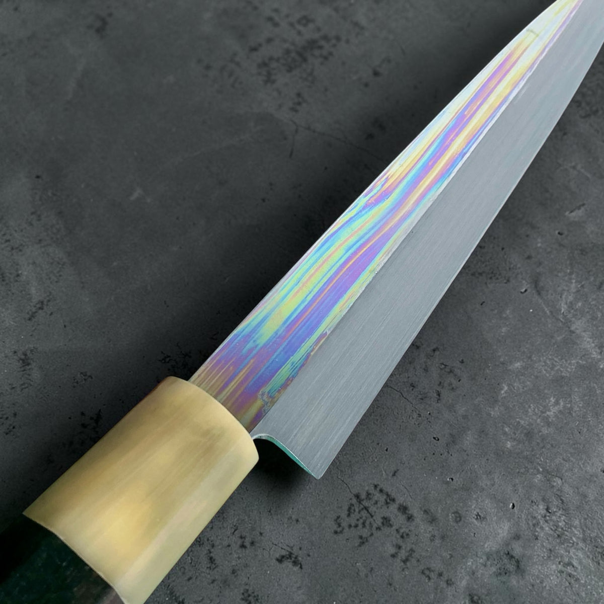Yoshikazu Ikeda White No. 1 Mizu Honyaki Yanagiba 310mm, blade finish and horn ferrule close-up #handle_ebony & horn